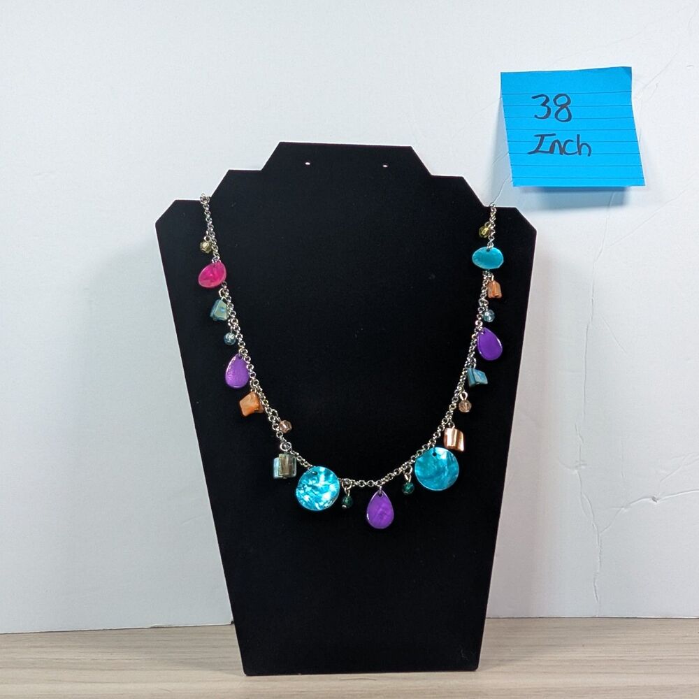 Multicolor Charm Necklace 38in Beaded Statement Silver Tone Boho